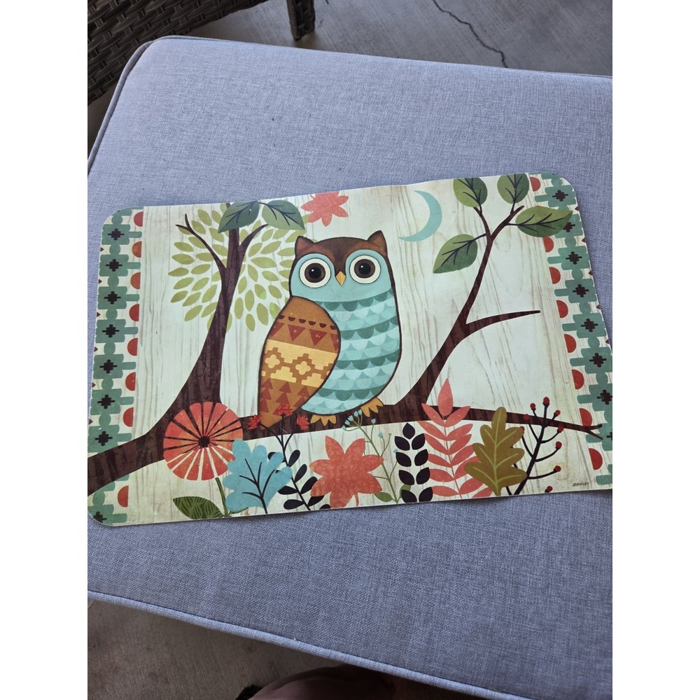 Vintage J.Brinley Artist Owl Placement  (One) Woodland Vynal Decor Mat MCM